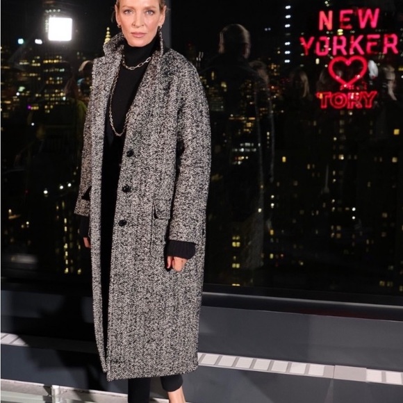 6 🔖 Tory Burch Oversized Tweed Coat Black Grey White - Picture 5 of 16